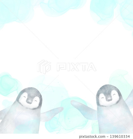 A frame featuring two adorable penguin chicks waving. A blue watercolor-style design symbolizing dreams and growth. 139610334