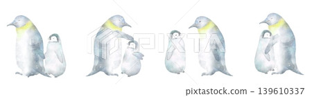 Watercolor-style images depicting four scenes of parent-child bonding. A set of variations in penguin parent-child poses. Watercolor-style images depicting four scenes of parent-child bonding. A set of variations in penguin parent-child poses. 139610337