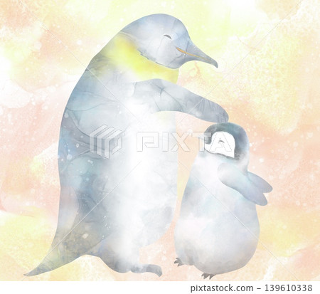 A parent penguin gently strokes and praises its chick's head. A heartwarming watercolor illustration full of affection. Warm-colored background. 139610338