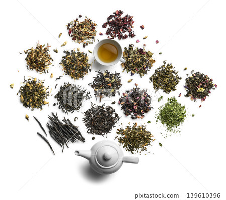 Large assortment of tea on a white background. The view from the top Large assortment of tea on a white background. The view from the top 139610396
