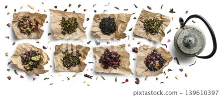 Large assortment of tea on a white background. The view from the top Large assortment of tea on a white background. The view from the top 139610397
