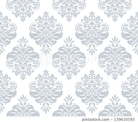 Wallpaper in the style of Baroque. White and gray floral ornament. Seamless vector background. Graphic pattern for fabric, wallpaper, packaging. Ornate Damask flower illustration Wallpaper in the style of Baroque. White and gray floral ornament. Seamless vector background. Graphic pattern for fabric, wallpaper, packaging. Ornate Damask flower illustration 139610593
