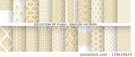 Geometric floral set of seamless patterns. White and golden vector backgrounds. Damask graphic ornaments Geometric floral set of seamless patterns. White and golden vector backgrounds. Damask graphic ornaments 139610624