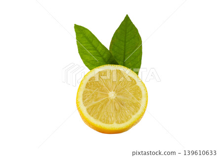 Fresh lemon cut in half with green leaves next to it, PNG Fresh lemon cut in half with green leaves next to it, PNG 139610633