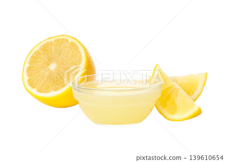 Yellow lemon cut in half with juice in a bowl, PNG Yellow lemon cut in half with juice in a bowl, PNG 139610654