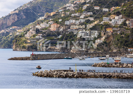 Amalfi Coast seaside town with beach and mountains, Italy Amalfi Coast seaside town with beach and mountains, Italy 139610719