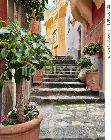 Narrow street view with sea and beach in Positano Italy Narrow street view with sea and beach in Positano Italy 139610722