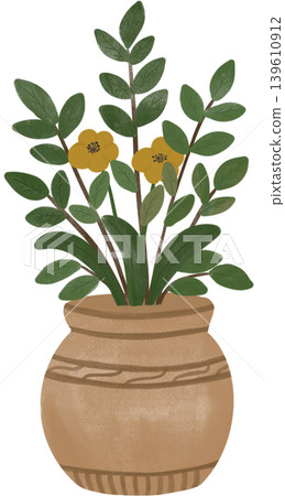 Ornamental plant illustration featuring green foliage and small yellow flowers in a rustic ceramic pot. 139610912