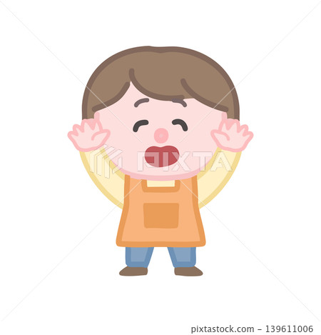 一位身穿圍裙的女子舉起雙臂慶祝。 139611006