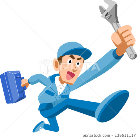 A man in blue work clothes jumps, holding a wrench and a toolbox. 139611117