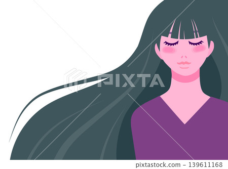 A close-up of a woman with long hair blowing in the wind. 139611168