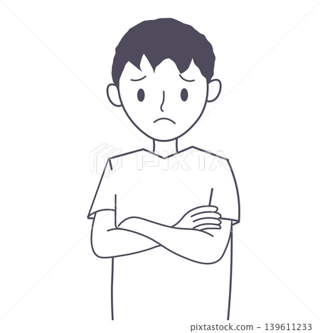 Illustration of a man with worries or anxieties, arms crossed, looking troubled, upper body only, simple character image, transparent PNG background. Illustration of a man with worries or anxieties, arms crossed, looking troubled, upper body only, simple character image, transparent PNG background. 139611233