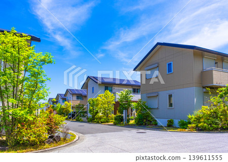 A quiet eco-town with underground power lines and solar power generation. A quiet eco-town with underground power lines and solar power generation. 139611555