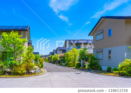 A quiet eco-town with underground power lines and solar power generation. A quiet eco-town with underground power lines and solar power generation. 139611556