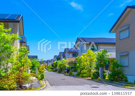 A quiet eco-town with underground power lines and solar power generation. A quiet eco-town with underground power lines and solar power generation. 139611557