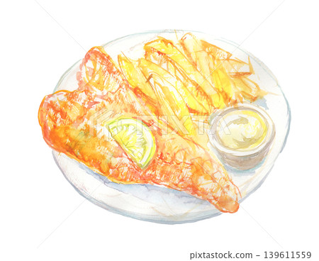 A watercolor illustration of fish and chips served on a plate. 139611559