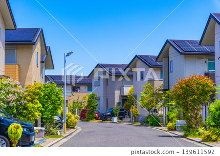 A quiet eco-town with underground power lines and solar power generation. A quiet eco-town with underground power lines and solar power generation. 139611592