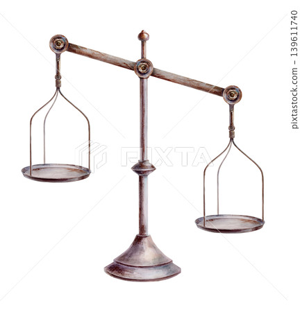 Balanced apothecary scales watercolor in motion. Antique pharmaceutical instrument for measuring herbal ingredients, vintage medicine laboratory branding and organic remedy packaging graphics Balanced apothecary scales watercolor in motion. Antique pharmaceutical instrument for measuring herbal ingredients, vintage medicine laboratory branding and organic remedy packaging graphics 139611740