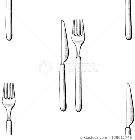 Cutlery seamless pattern in minimalist black and white vector line art. Repeating knife and fork background for restaurant textile, cafe menu design, catering service wrap and hospitality graphics Cutlery seamless pattern in minimalist black and white vector line art. Repeating knife and fork background for restaurant textile, cafe menu design, catering service wrap and hospitality graphics 139611746