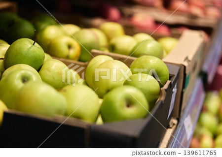 Crates are filled with green and red apples in a fruit market Crates are filled with green and red apples in a fruit market 139611765