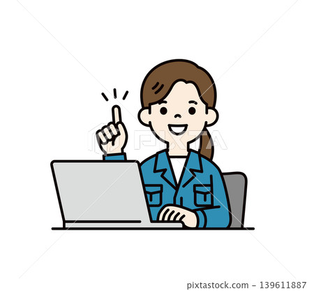 A vector illustration of the upper body of a female office worker in work clothes explaining and demonstrating points in front of a computer. 139611887