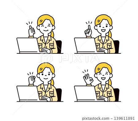 A set of vector illustrations of a female employee using a laptop, with a positive expression and pose. A set of vector illustrations of a female employee using a laptop, with a positive expression and pose. 139611891
