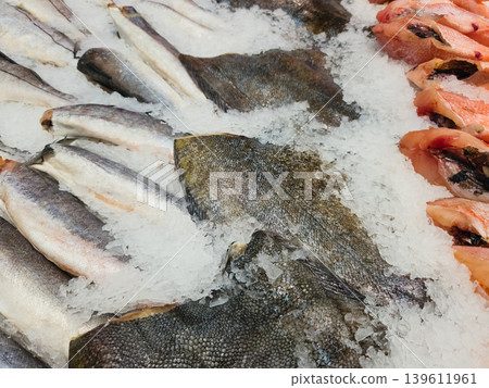 Fresh fish on ice at a seafood market in the morning 139611961