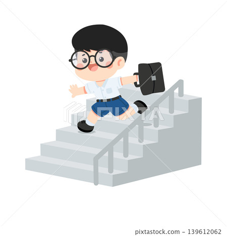 Boy Running Down Stairs With School Backpack Boy Running Down Stairs With School Backpack 139612062