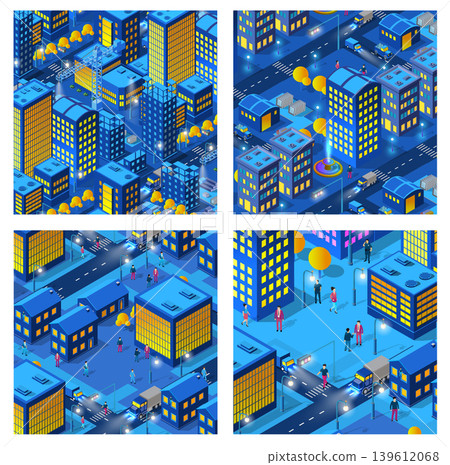 Smart city at night with illuminated buildings, roads, and moving vehicles in isometric view 139612068