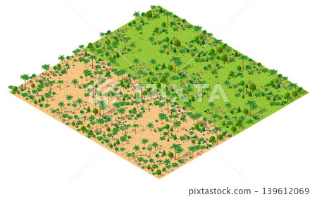Deforestation converting green landscape into desert in isometric view Deforestation converting green landscape into desert in isometric view 139612069