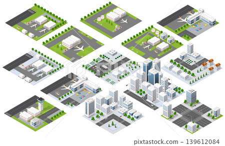 Set of isometric city and airport modules representing urban infrastructure Set of isometric city and airport modules representing urban infrastructure 139612084