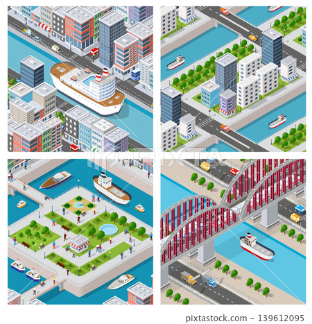 Urban isometric set presenting cargo ships navigating a river, skyscrapers, roads, bridge and park Urban isometric set presenting cargo ships navigating a river, skyscrapers, roads, bridge and park 139612095