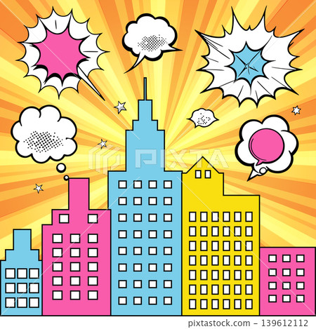 Colorful comic city skyline with speech and thought bubbles exploding Colorful comic city skyline with speech and thought bubbles exploding 139612112