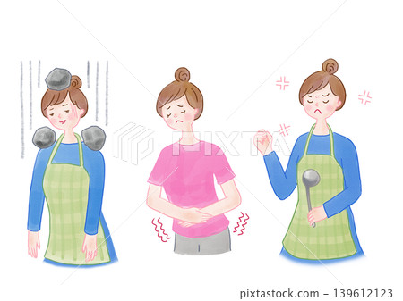 An illustration of a woman suffering from menstrual cramps, fatigue, abdominal pain, irritability, and other PMS symptoms. 139612123