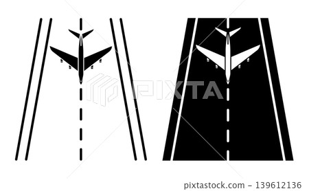 Linear icon. Airplane arriving from a flight at airport lands on runway. Simple black and white vector symbol isolated on white background 139612136