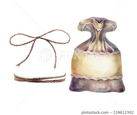 Herbal tea sachet bag and jute twine rope watercolor illustration. Fabric pouch with empty label, hemp string bow and cord for organic tea packaging, craft infusion branding, rustic drink decor Herbal tea sachet bag and jute twine rope watercolor illustration. Fabric pouch with empty label, hemp string bow and cord for organic tea packaging, craft infusion branding, rustic drink decor 139612302