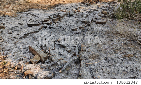 Wildfire ash covering dry ground after forest fire destruction 139612348