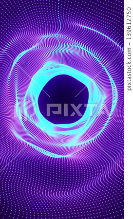 Bright cyan ring surrounded by flowing purple dotted waves, forming a futuristic abstract portal with digital depth and motion Bright cyan ring surrounded by flowing purple dotted waves, forming a futuristic abstract portal with digital depth and motion 139612750