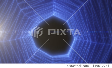 Blue neon hexagon tunnel frame with glowing wire lines and lens flare, futuristic geometric corridor abstract background Blue neon hexagon tunnel frame with glowing wire lines and lens flare, futuristic geometric corridor abstract background 139612751