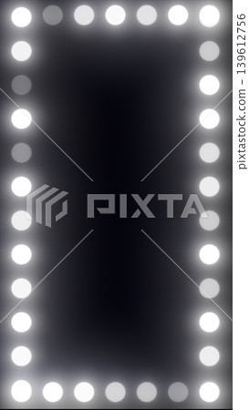 Illuminated vanity mirror frame with round bulbs and empty dark center, beauty studio mockup background Illuminated vanity mirror frame with round bulbs and empty dark center, beauty studio mockup background 139612756