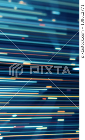 Abstract horizontal light streaks in blue, cyan, and orange tones, creating a futuristic data speed and motion background. 139612771
