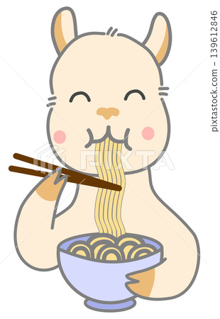 Cute Alpaca Character Eating Noodles with Chopsticks 139612846