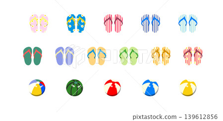 Colorful flip-flops and beach ball set. Summer, beach, pool illustration. 139612856