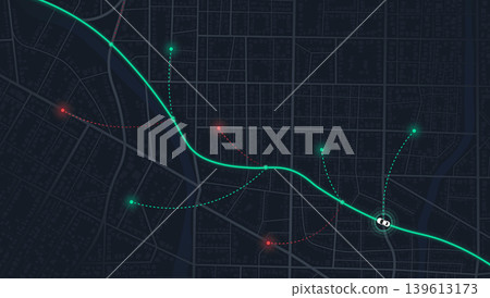 Abstract GPS navigation, smart car location, delivery Route Optimization with data of arrive time on city map. Intended goal point, multiple markers. Vector illustration with route, alternative paths Abstract GPS navigation, smart car location, delivery Route Optimization with data of arrive time on city map. Intended goal point, multiple markers. Vector illustration with route, alternative paths 139613173