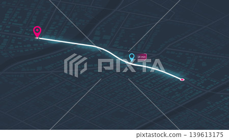 Location tracker dashboard with data of arrive time. City street road with pins on map. Isometric street roads and location, vector background. Huge city top view. Location tracker dashboard with data of arrive time. City street road with pins on map. Isometric street roads and location, vector background. Huge city top view. 139613175