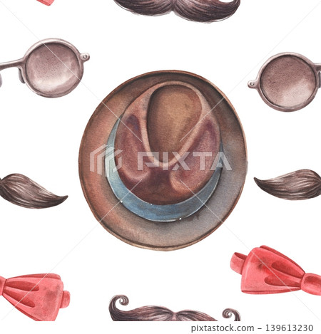 Boots, hat, hipster mustache, bow tie, sunglasses, seamless pattern. Hand-painted watercolor illustration isolated on white for gentlemen, barbershop design, printing on textile, packaging, decor 139613230