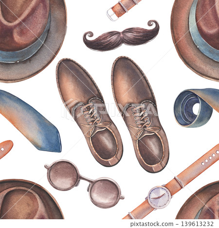 Boots, hat, hipster mustache, tie, sunglasses, watch, seamless pattern. Hand-painted watercolor illustration isolated on white for gentlemen, barbershop design, printing on textile, packaging, decor Boots, hat, hipster mustache, tie, sunglasses, watch, seamless pattern. Hand-painted watercolor illustration isolated on white for gentlemen, barbershop design, printing on textile, packaging, decor 139613232