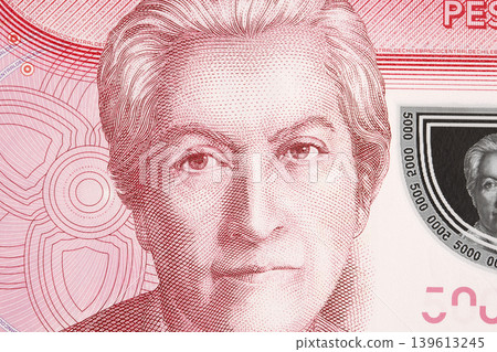 Gabriela Mistral a closeup portrait from Chilean money Gabriela Mistral a closeup portrait from Chilean money 139613245