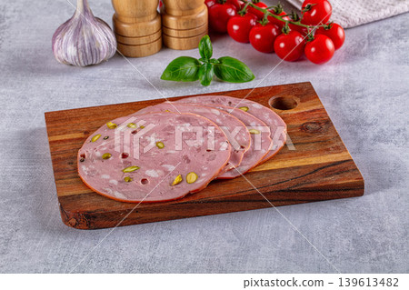 Italian mortadella pork sausages slices 139613482