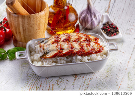 Japanese style cuisine - grilled eel with rice Japanese style cuisine - grilled eel with rice 139613509